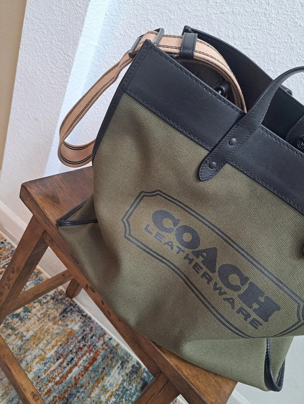 Coach Olive Green Canvas Tote with Black Leather Trim - Picture 3 of 4